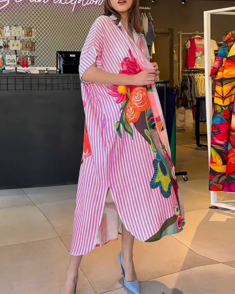 Verticale gestreepte blouse met reverssplit en karakterprint