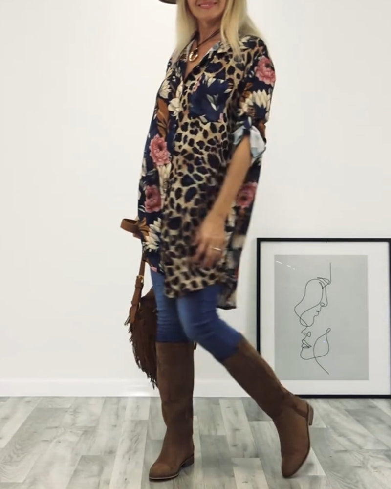 Revers overhemd met patchwork en luipaardprint