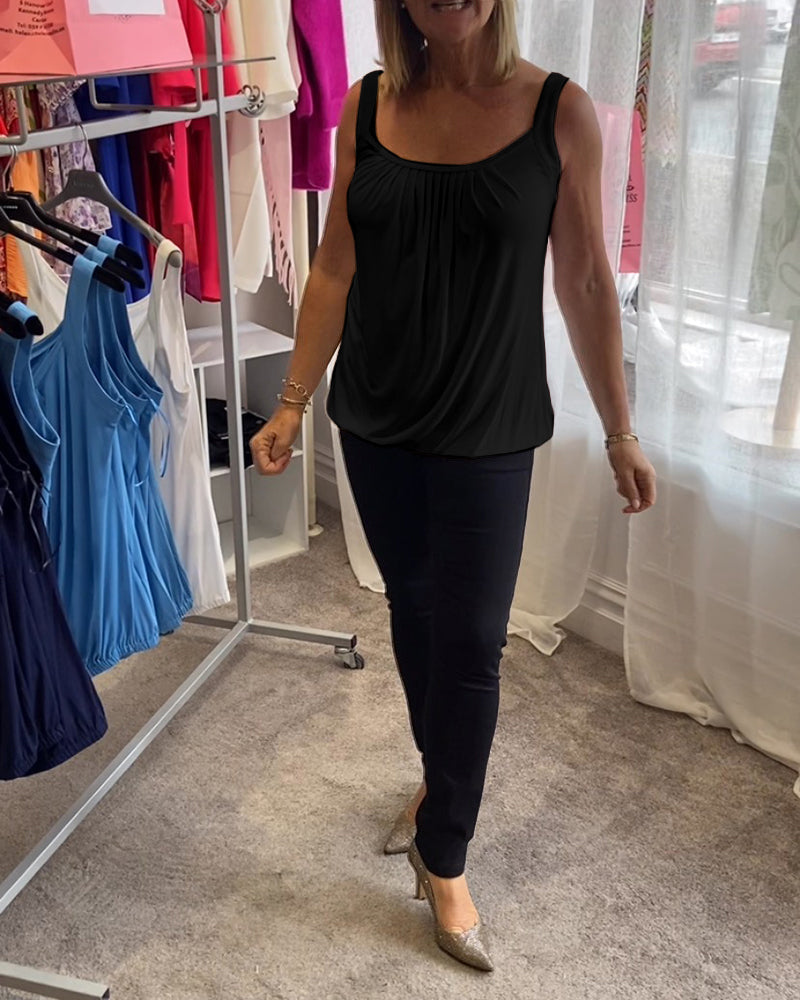 Casual mouwloze top met plooi en effen kleur