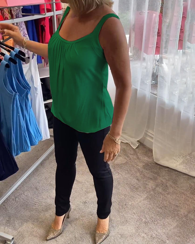 Casual mouwloze top met plooi en effen kleur