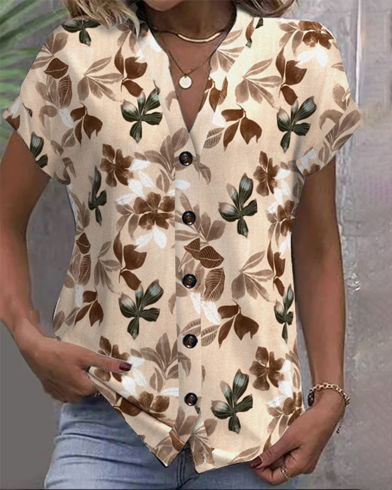 Blouse Opstaande Kraag Korte Mouw Bedrukt