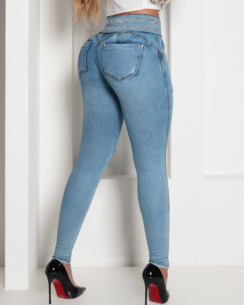 Rekbare high waist jeans - dames slim fit denimbroek