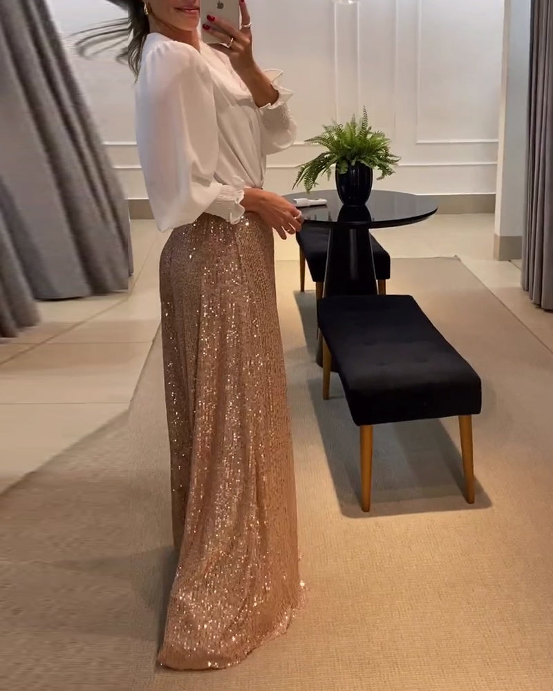 Elegante effen V-hals blouse met lantaarnmouwen