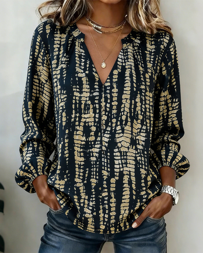 Gedrukt Topje Met Staande Kraag En Lange Mouwen