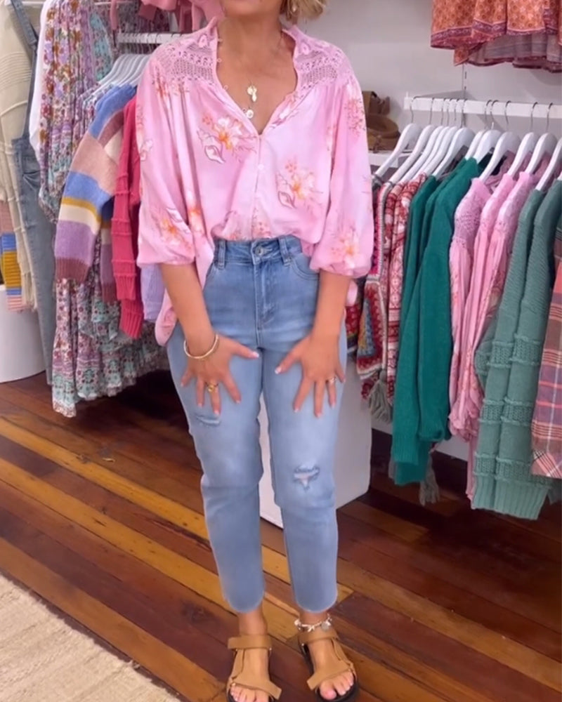 Shirt met V-hals en zachte print