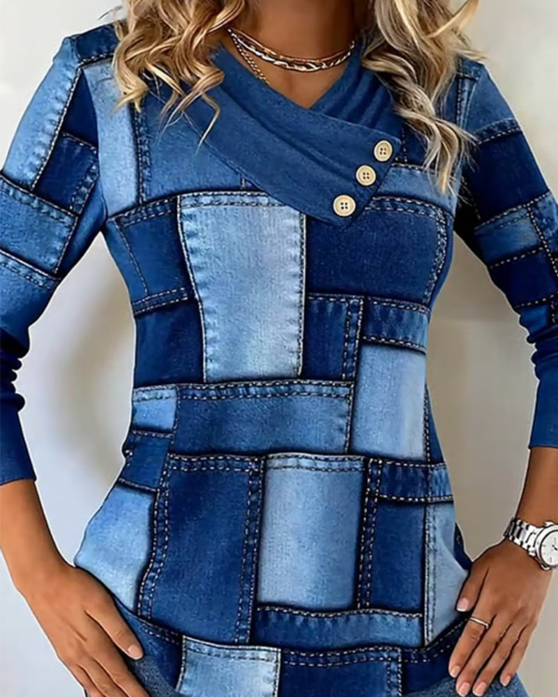 Langmouwige Top Met V-Hals En Effen Contrast