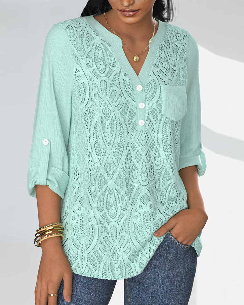Casual blouse van kant met effen kleur en geplooide mouwen