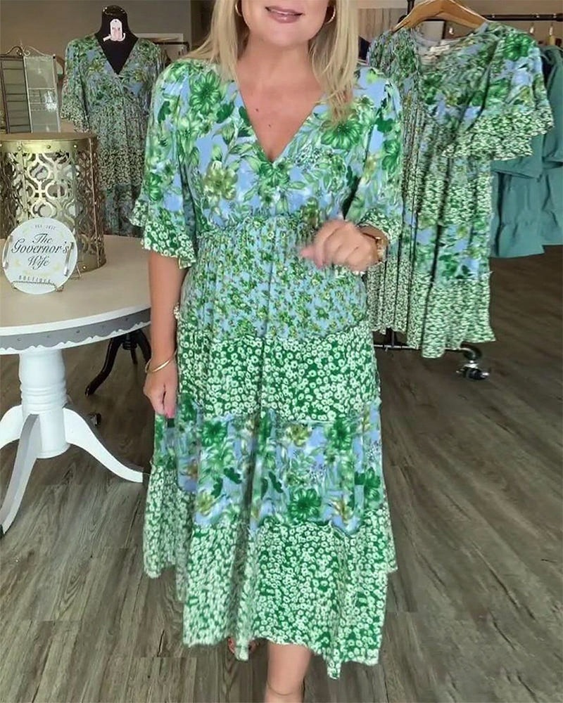 Jurk V-Hals Lotussmouwe Bloemig