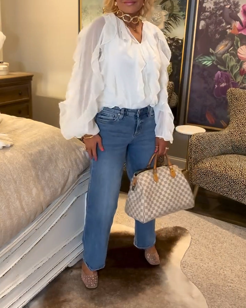 Losvallende Effen Blouse Met Ruches