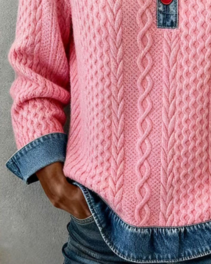 Sweatshirt Van Denim Met Patchworkdetails En Jacquard