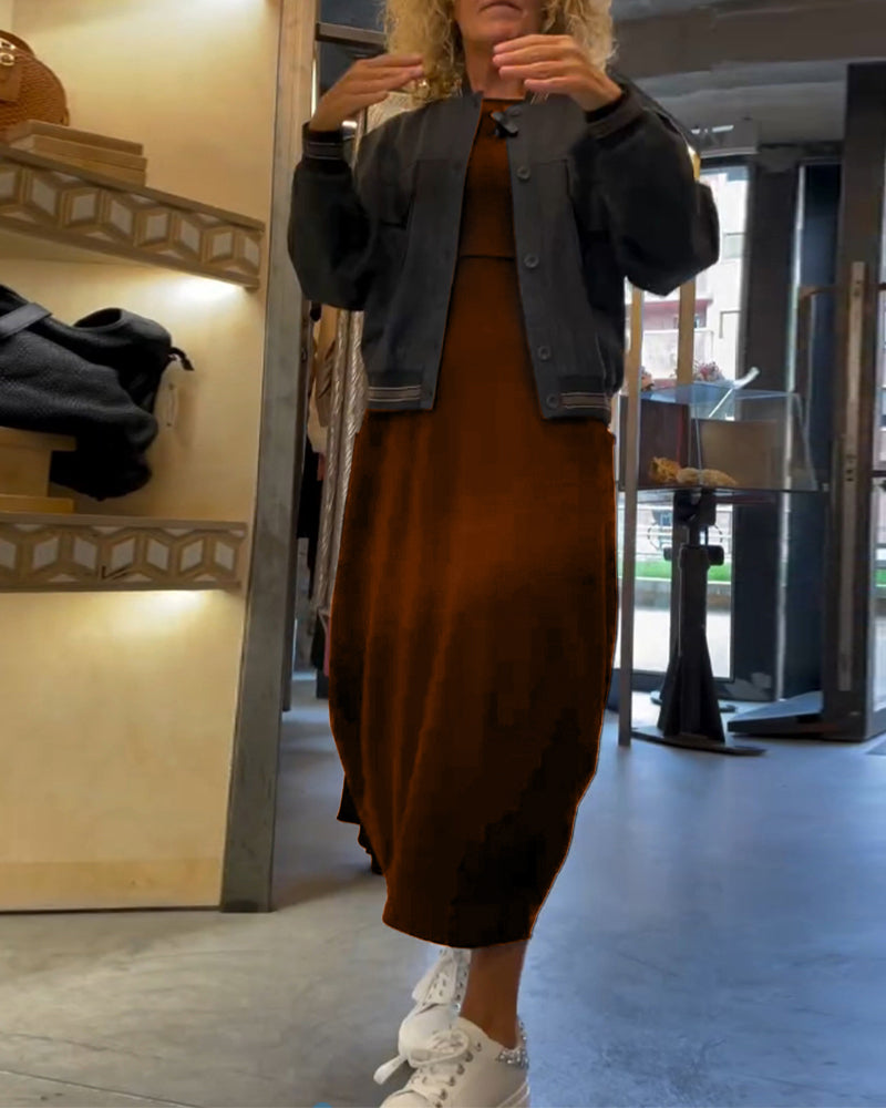 Effen kleur jurk met ronde hals lange mouw en zak