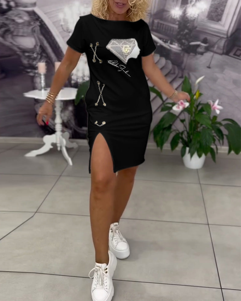 Jurk Bedrukt Nauwsluitend Split