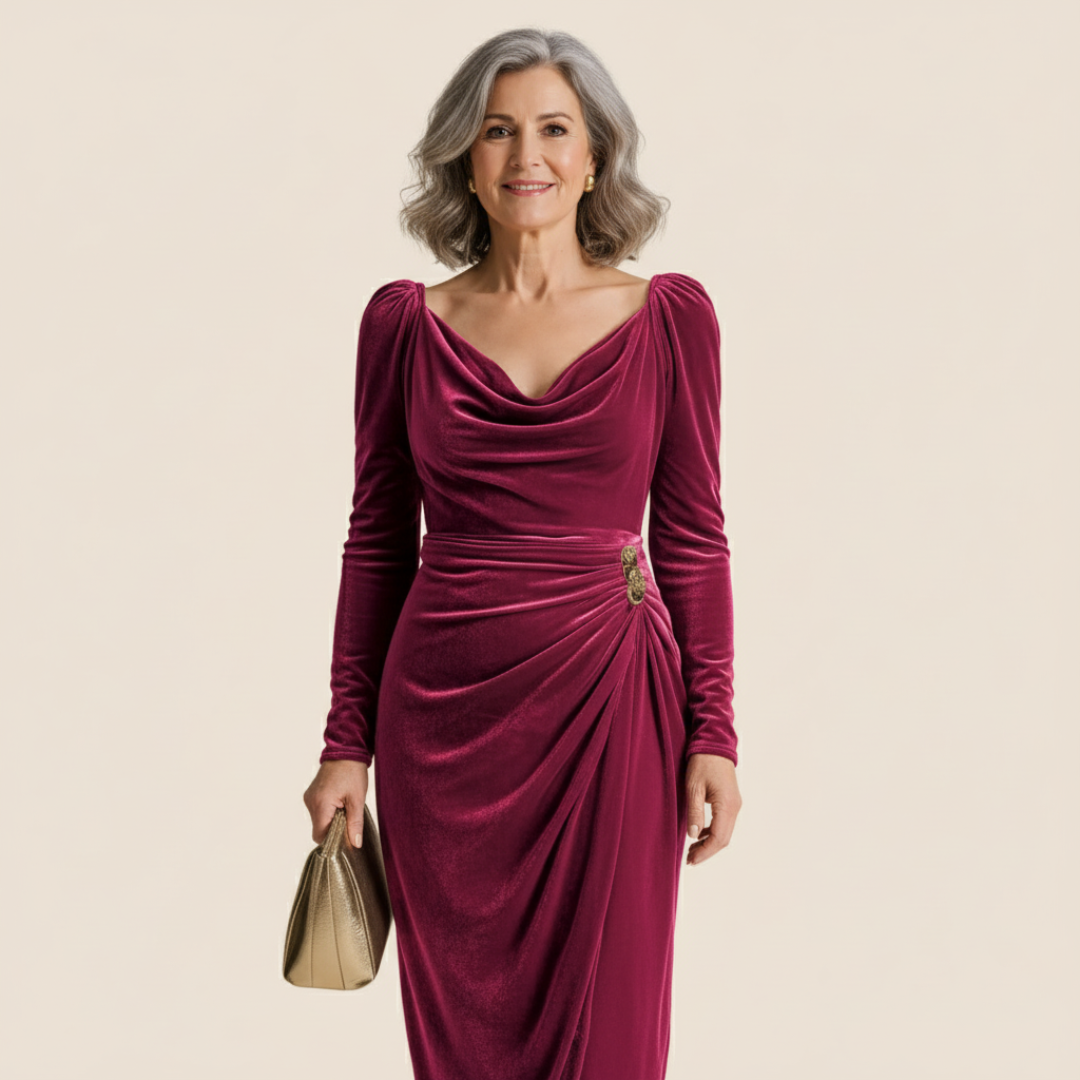 Sabine | Elegante midijurk met zachte watervalhals