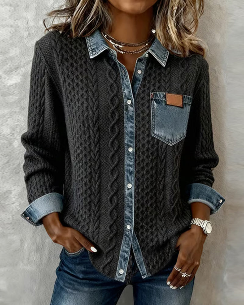 Langmouwige Blouse Met Denim-Patchwork