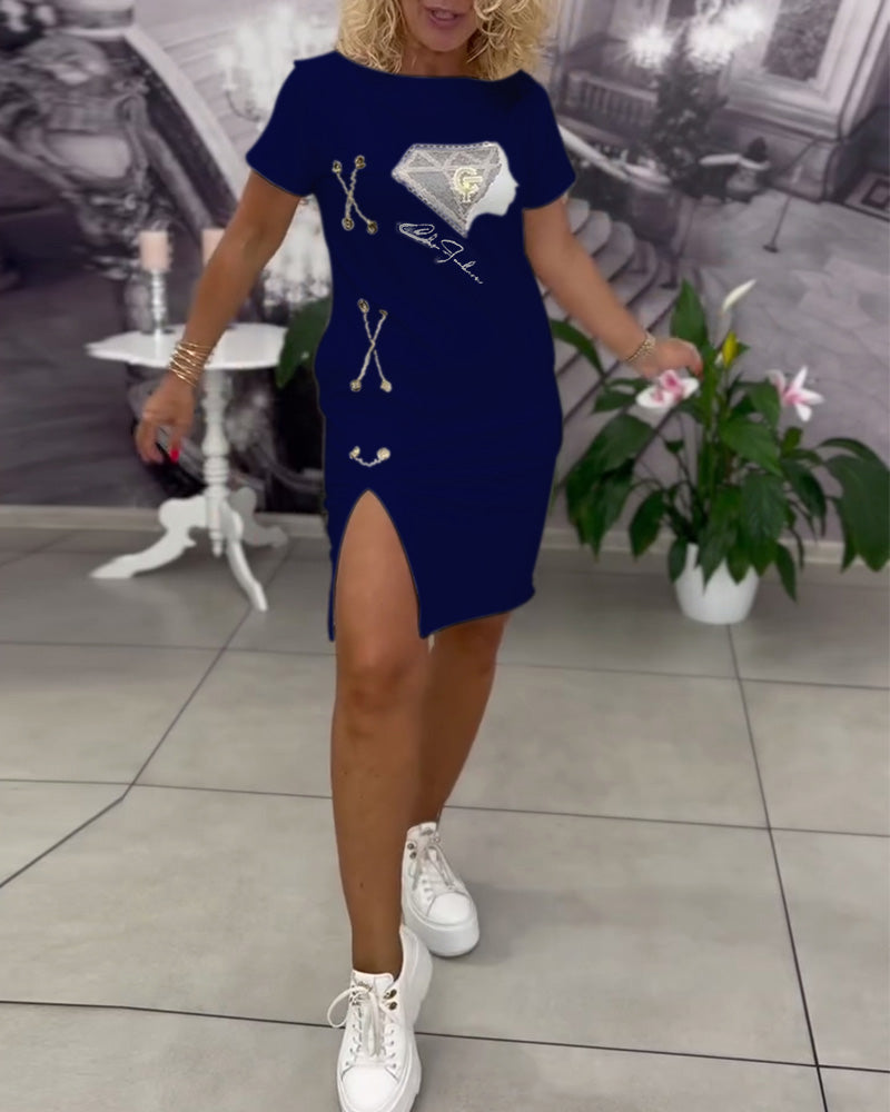 Jurk Bedrukt Nauwsluitend Split