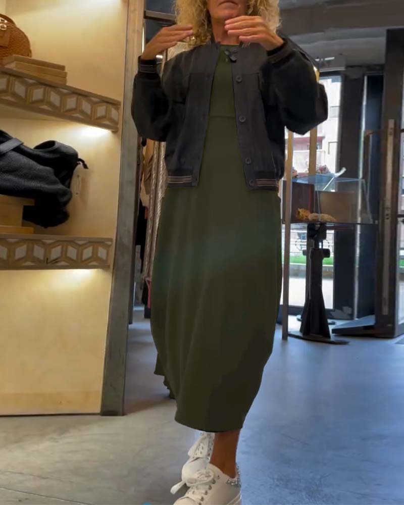 Effen kleur jurk met ronde hals lange mouw en zak