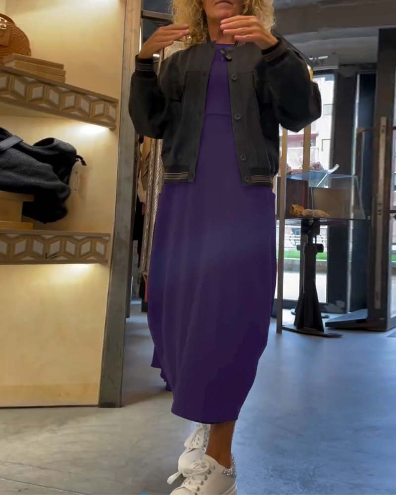 Effen kleur jurk met ronde hals lange mouw en zak