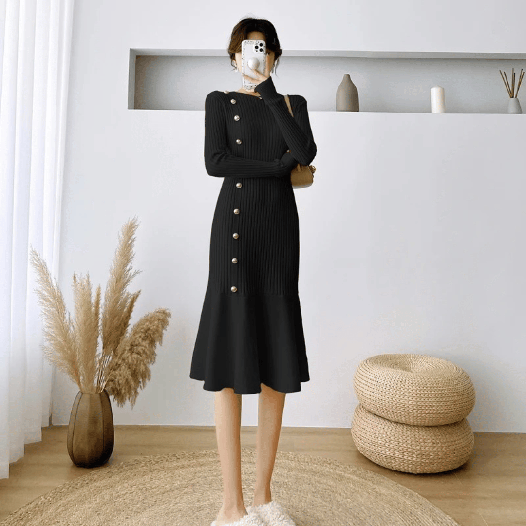 Gebreide jurk - elegante geribde dames midi-jurk