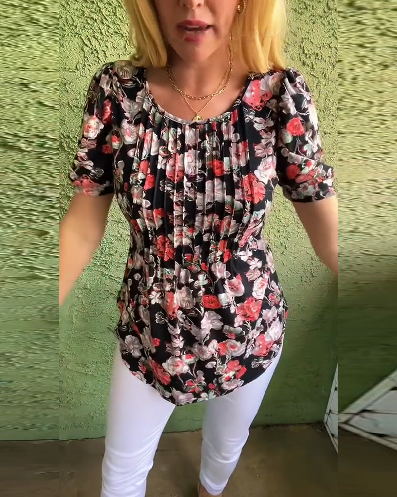 Blouse Ronde hals Poefmouw Geplooid Bloemenprint