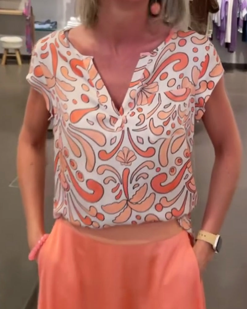 Casual blouse met V-hals en raglanmouwen met print