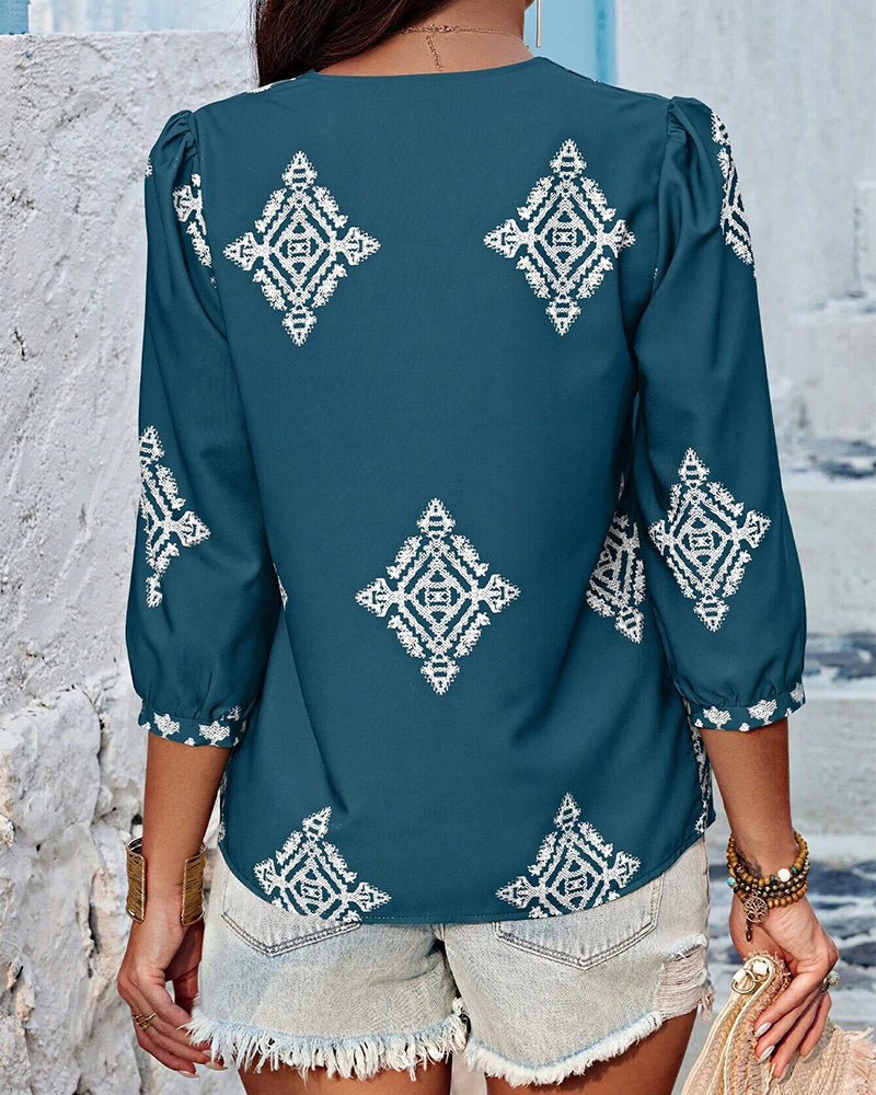 Blouse V-hals Diamantprint Driekwartmouwen