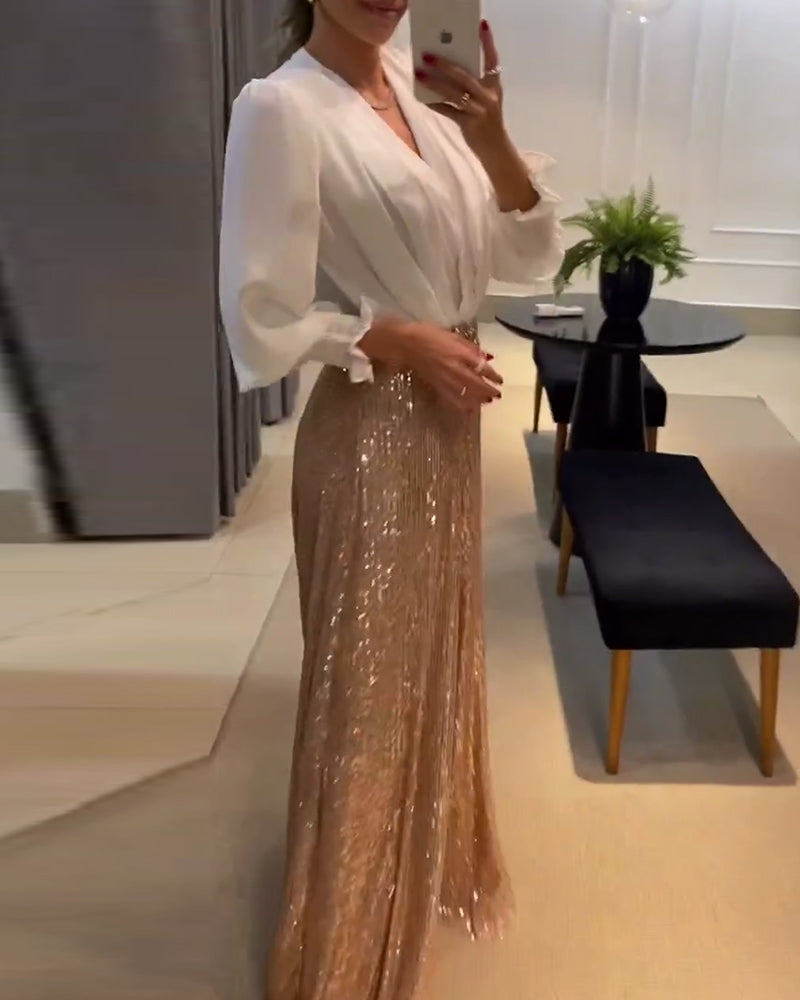 Elegante effen V-hals blouse met lantaarnmouwen