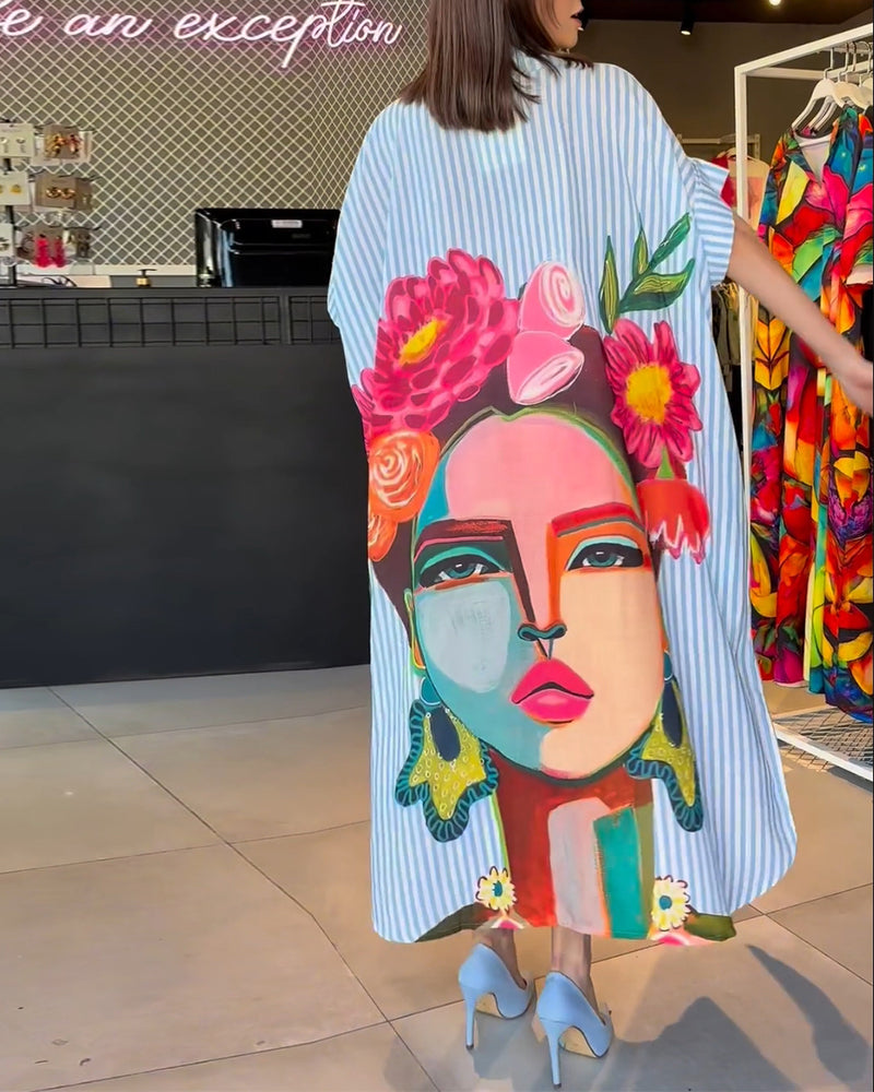 Verticale gestreepte blouse met reverssplit en karakterprint