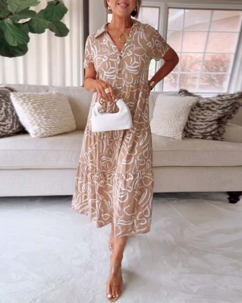 rok Met Short-sleeved Pocket Jurk Met Geometrische Prints Stijl