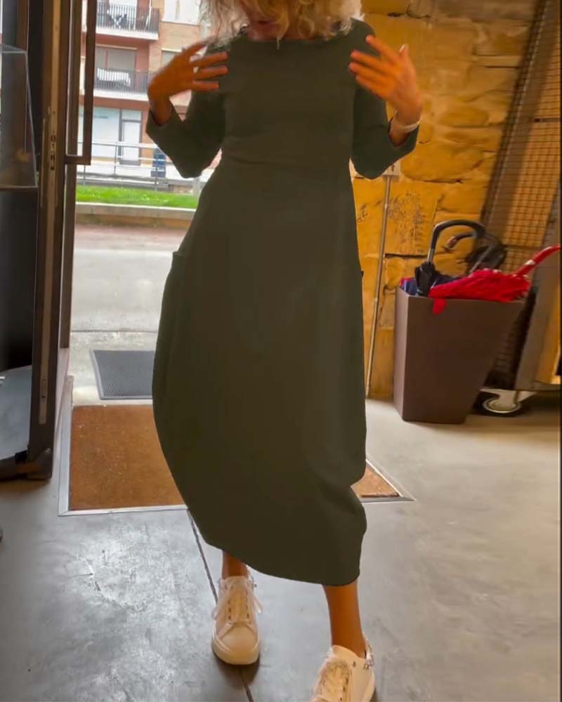 Effen kleur jurk met ronde hals lange mouw en zak