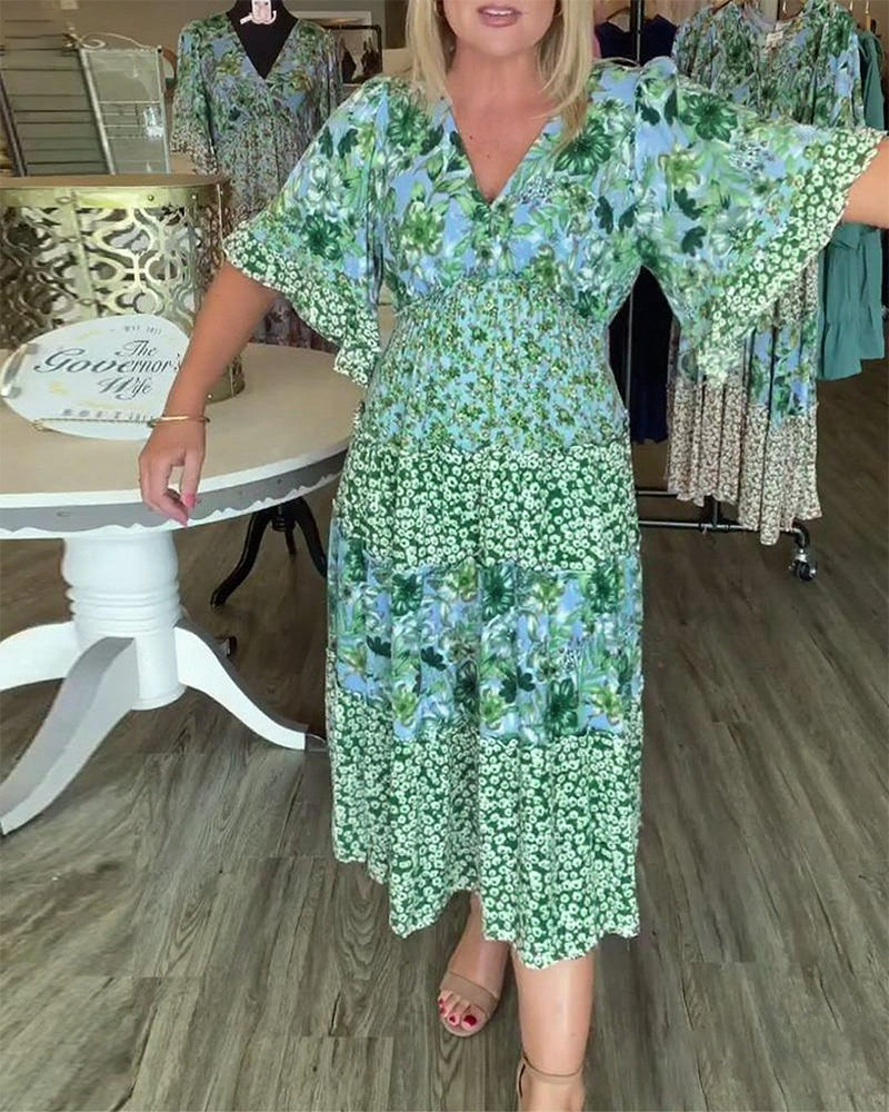 Jurk V-Hals Lotussmouwe Bloemig