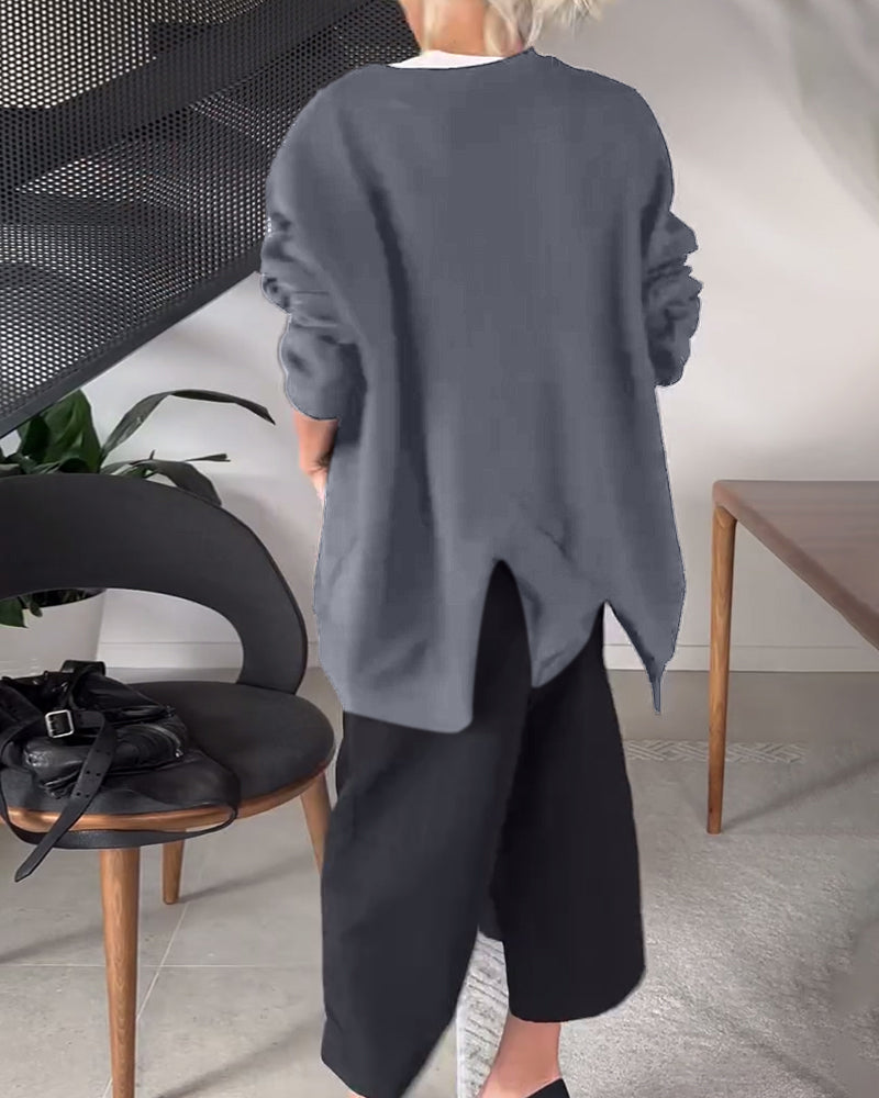 Effen casual sweatshirt met ronde hals en split