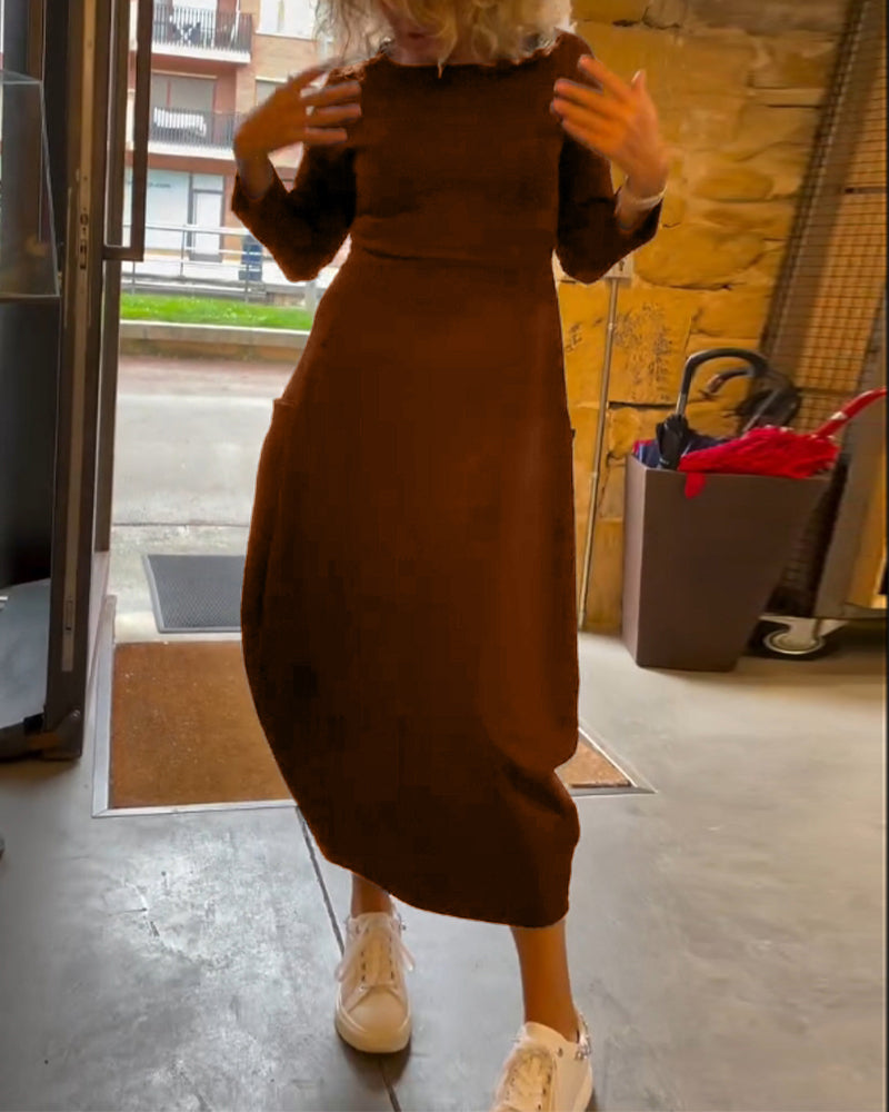 Effen kleur jurk met ronde hals lange mouw en zak