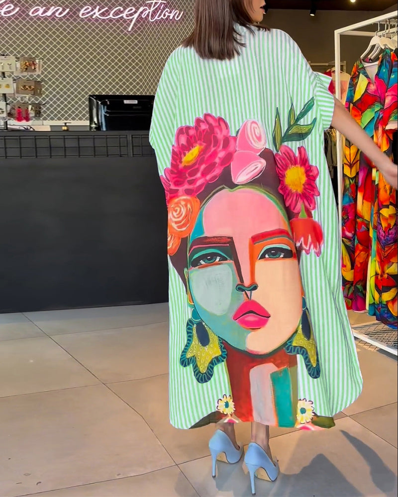 Verticale gestreepte blouse met reverssplit en karakterprint