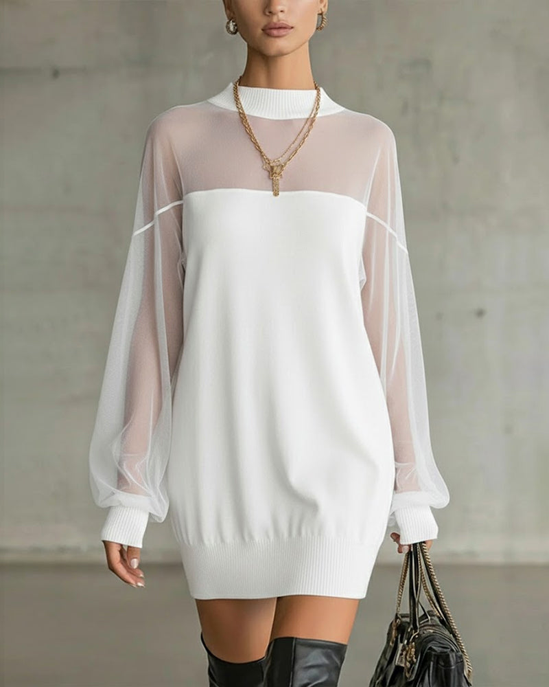 Jurk Lantaarnmouw Effen Kleur Patchwork