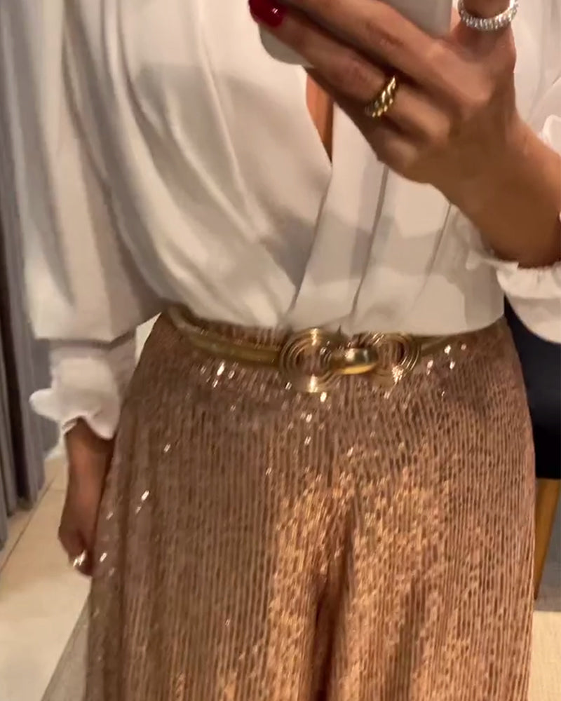 Elegante effen V-hals blouse met lantaarnmouwen