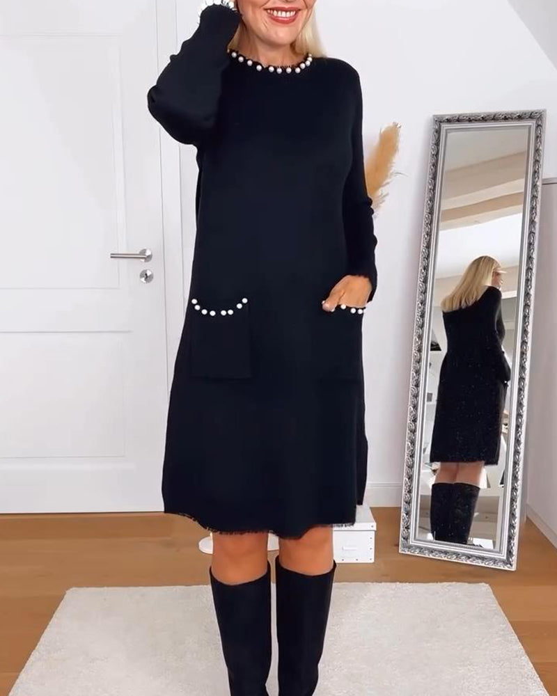 Gebreide Jurk Met Ronde Hals Kralen En Lange Mouwen