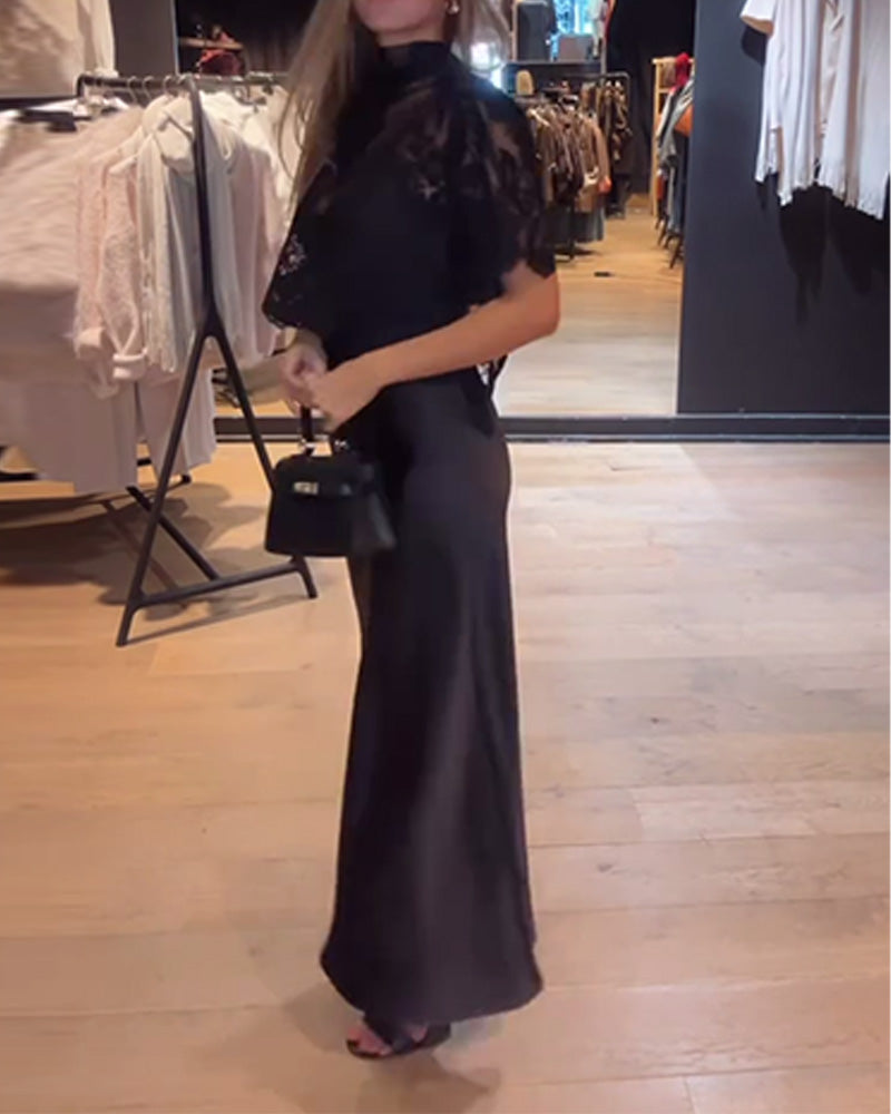 Set Kanten En Meshblouse Met Gedrapeerde Slipjurk