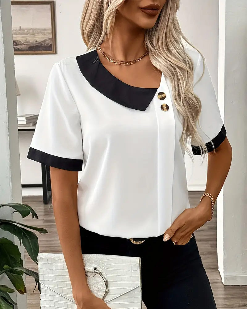 Blouse Contrastkraag Knoopsluiting