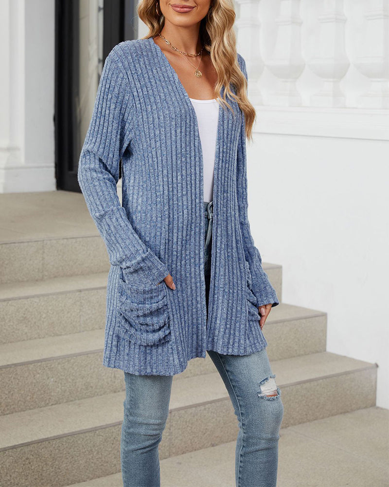 Casual effen kleur cardigan met lange mouwen en zak
