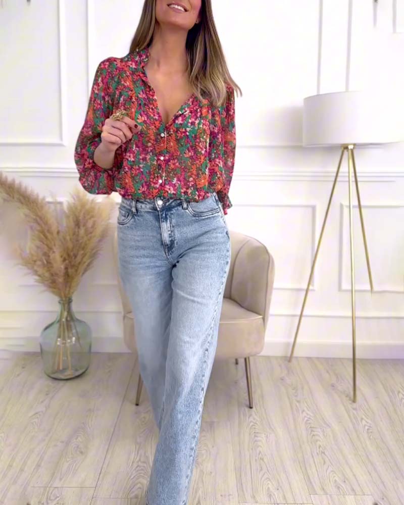 Overhemd met print en button-down met pofmouwen