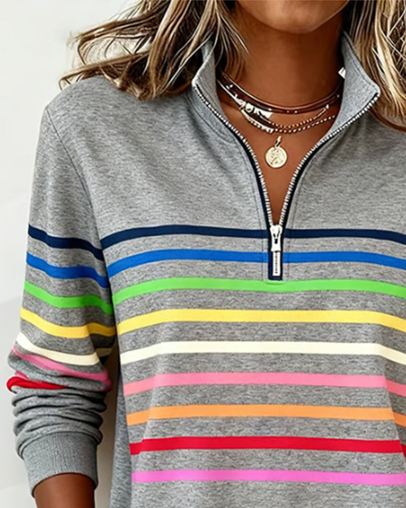 Modieuze Sweatshirt Met Halve Rits En Regenboogstrepen