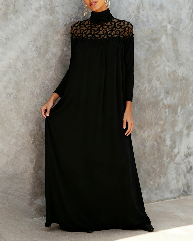 Elegante Jurk Met Hoge Hals Van Mesh En Patchwork