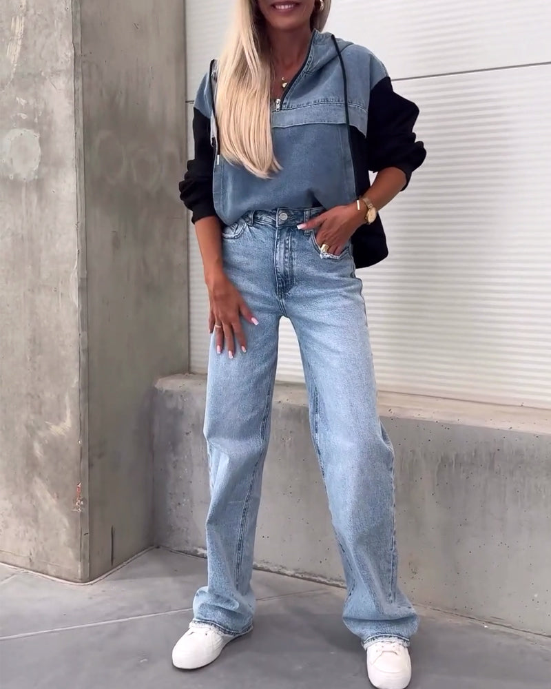 Casual denim patchwork hoodie met rits