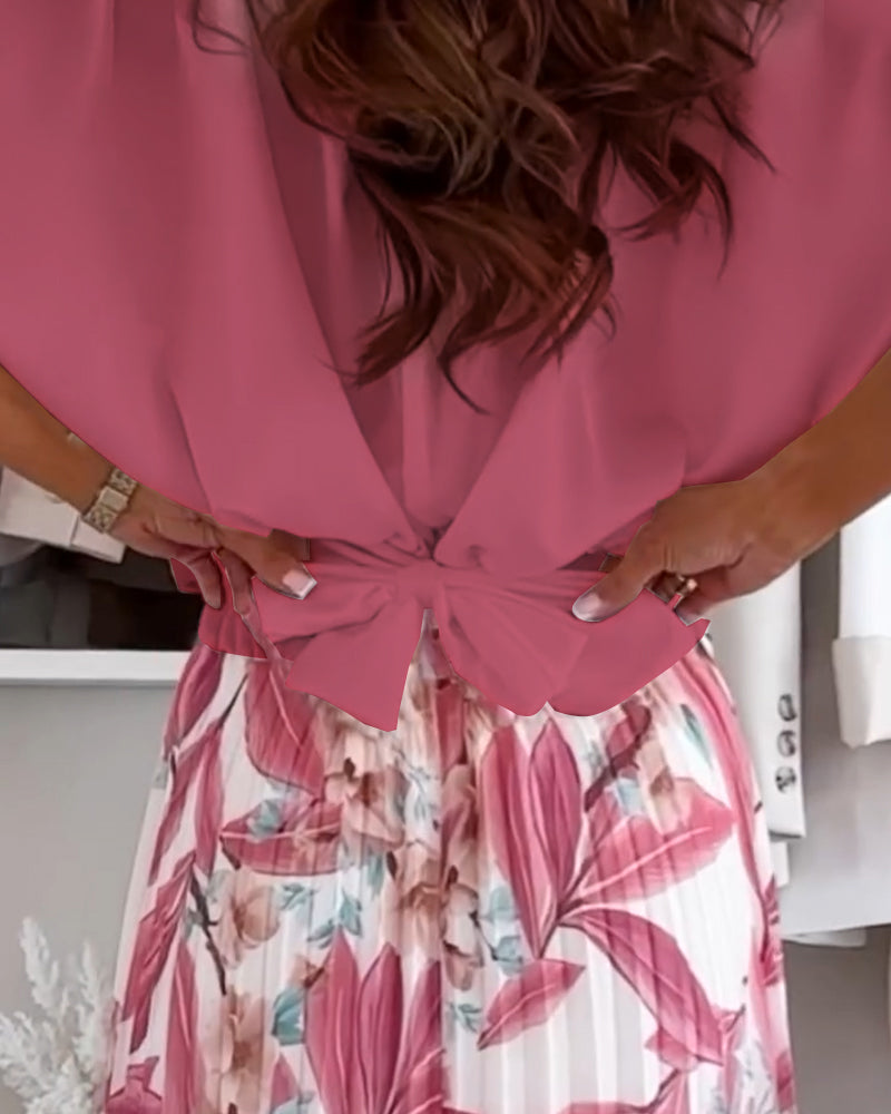 Blouse Effen Kleur Taille Strik Korte Mouw