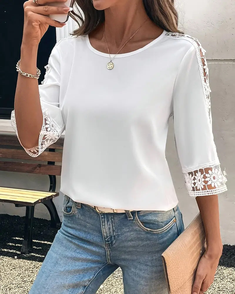 T-shirt Effen Kleur Hol Haak Patchwork