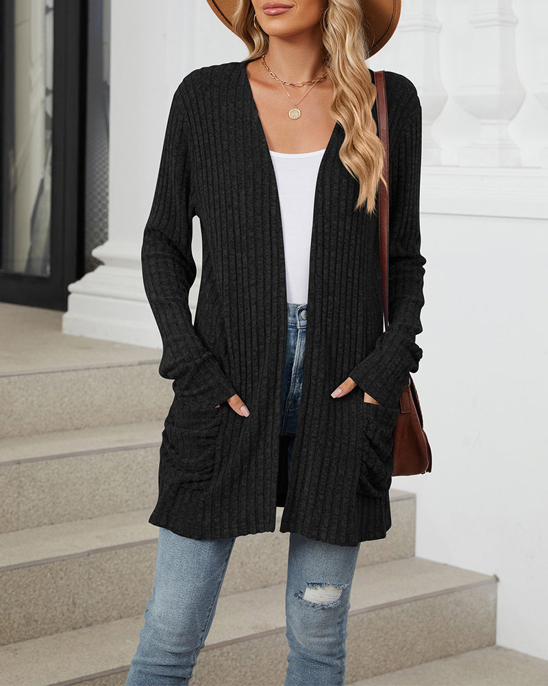 Casual effen kleur cardigan met lange mouwen en zak