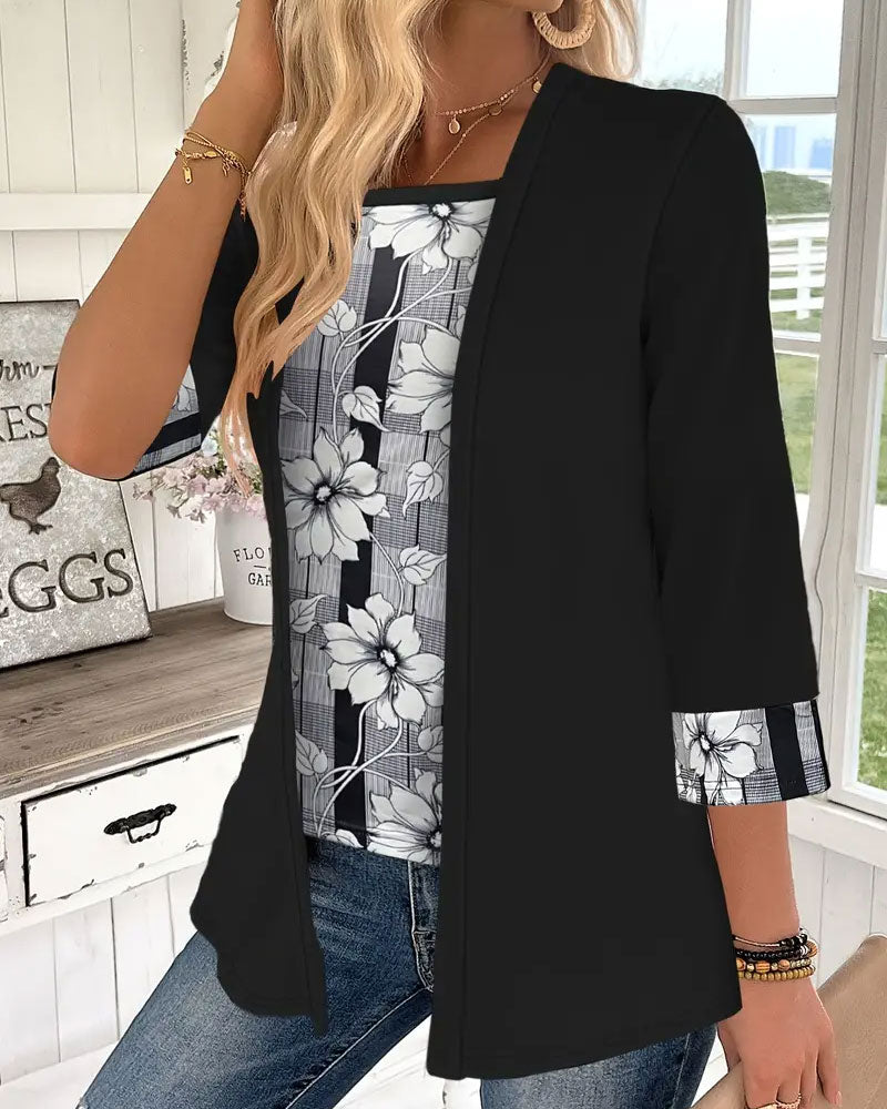 Bedrukt Topje Met Lange Mouwen Nep-Tweedelig Ontwerp