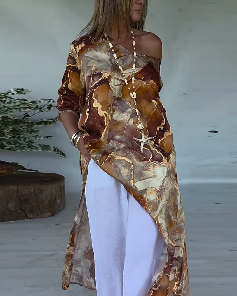 Blouse Modieus Split Bedrukt