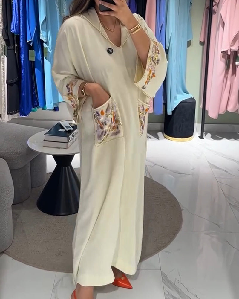 Jurk Met Capuchon Geborduurd Wijd Dubbele Zakken