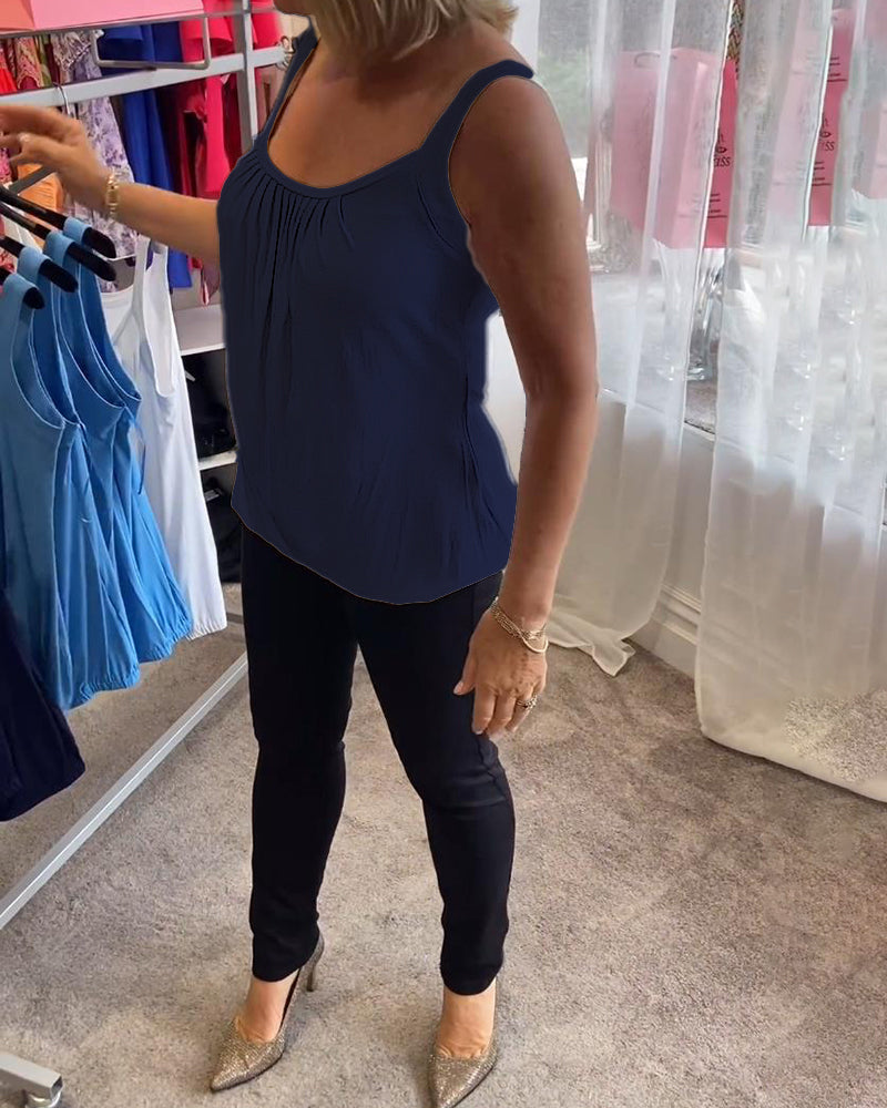 Casual mouwloze top met plooi en effen kleur